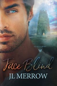 Book cover of Face Blind by JL Merrow, showing handsome dark haired man with Glastonbury Tor in the background